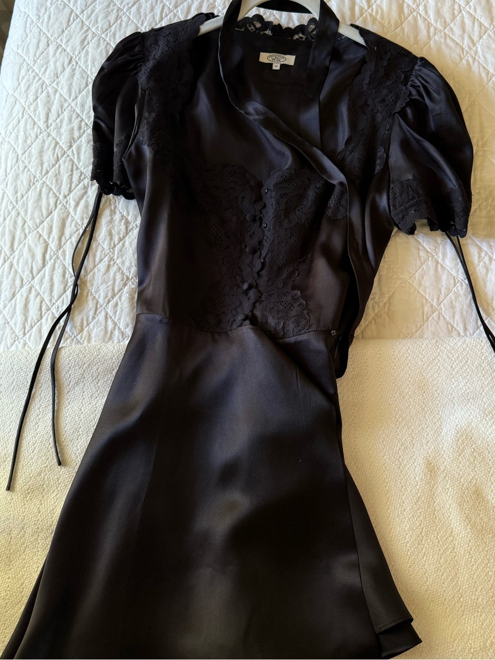 Mirror Palais Black Silk Lace-Trim Puff Sleeve Mini Dress - Picture 2 of 4